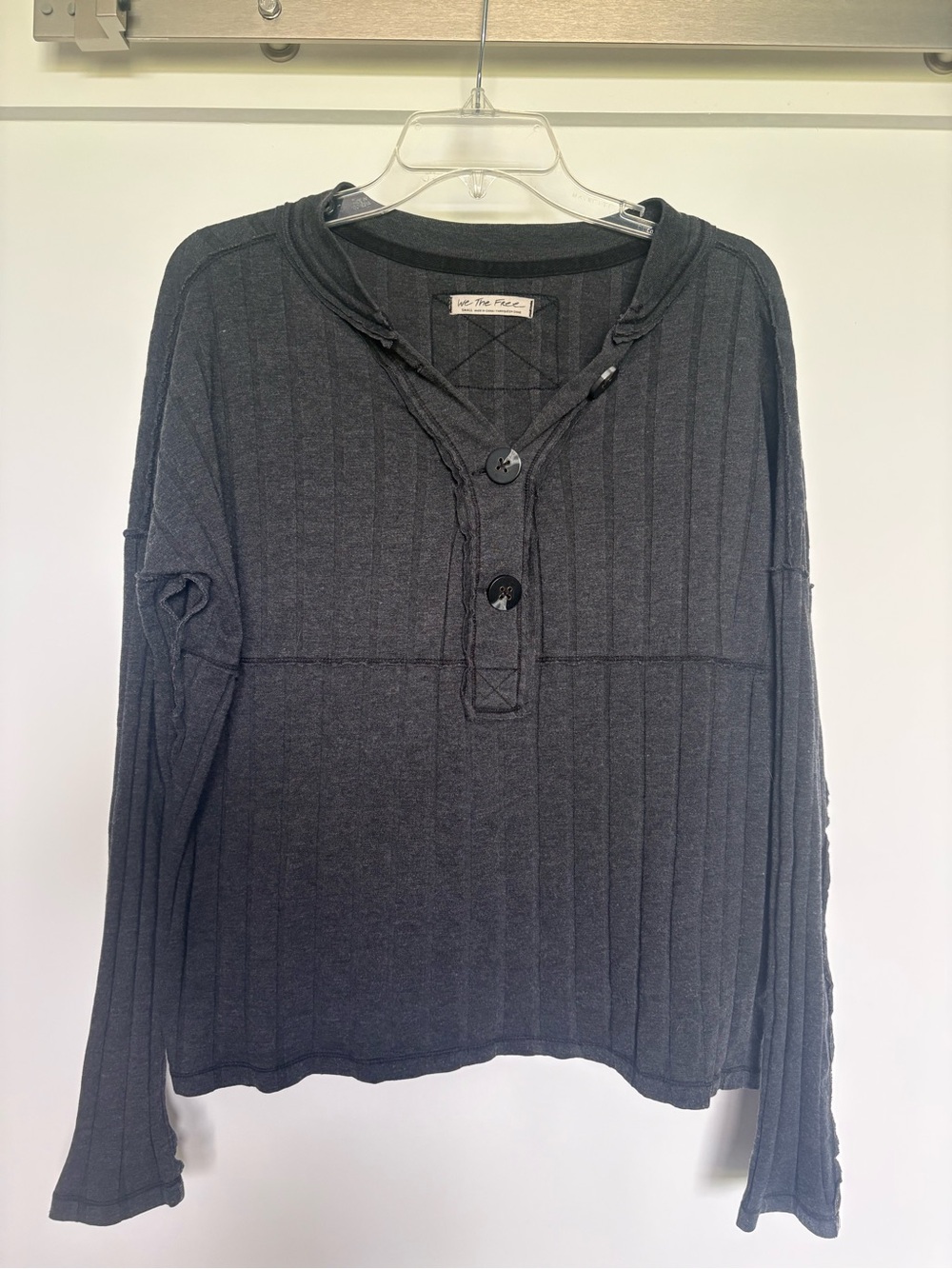 We The Free Black Ribbed Button-Front Long Sleeve Henley